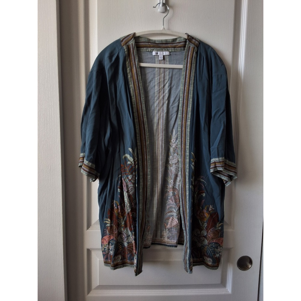 DR2 by Daniel Rainn Blue‎ Floral Geometric Open Front Kimono Cardigan 1X Boho